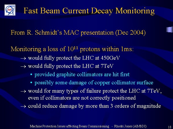 Fast Beam Current Decay Monitoring From R. Schmidt’s MAC presentation (Dec 2004) Monitoring a