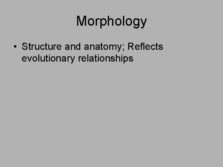 Morphology • Structure and anatomy; Reflects evolutionary relationships 