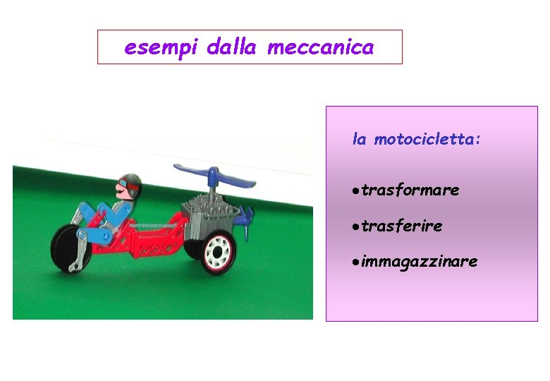 esempi dalla meccanica la motocicletta: ·trasformare ·trasferire ·immagazzinare 