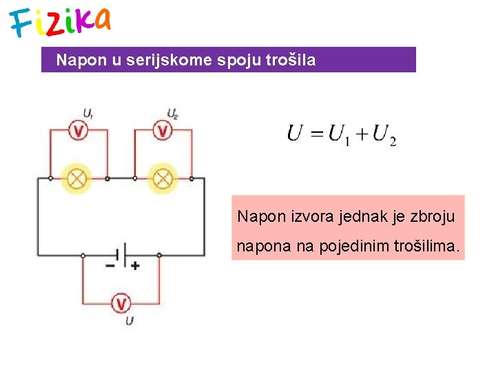 Napon u serijskome spoju trošila Napon izvora jednak je zbroju napona na pojedinim trošilima.