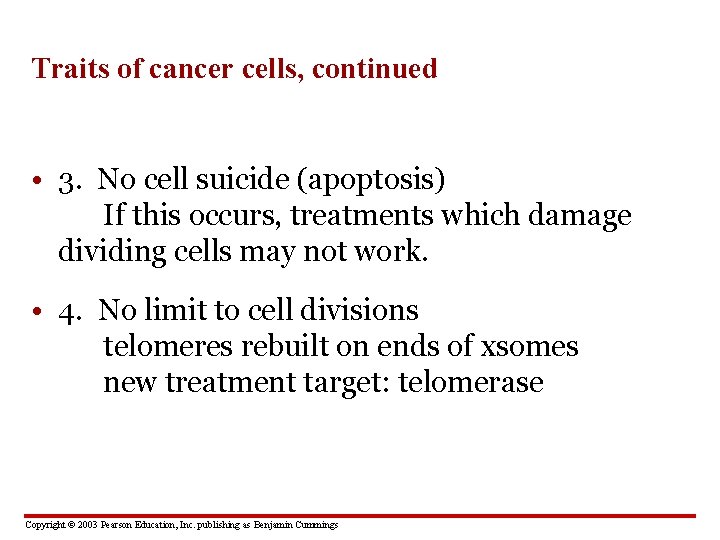 Traits of cancer cells, continued • 3. No cell suicide (apoptosis) If this occurs,