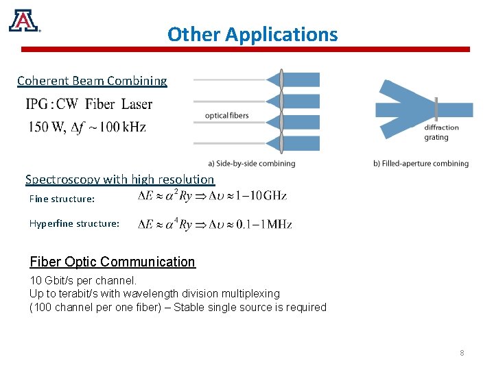 Other Applications Coherent Beam Combining Spectroscopy with high resolution Fine structure: Hyperfine structure: Fiber