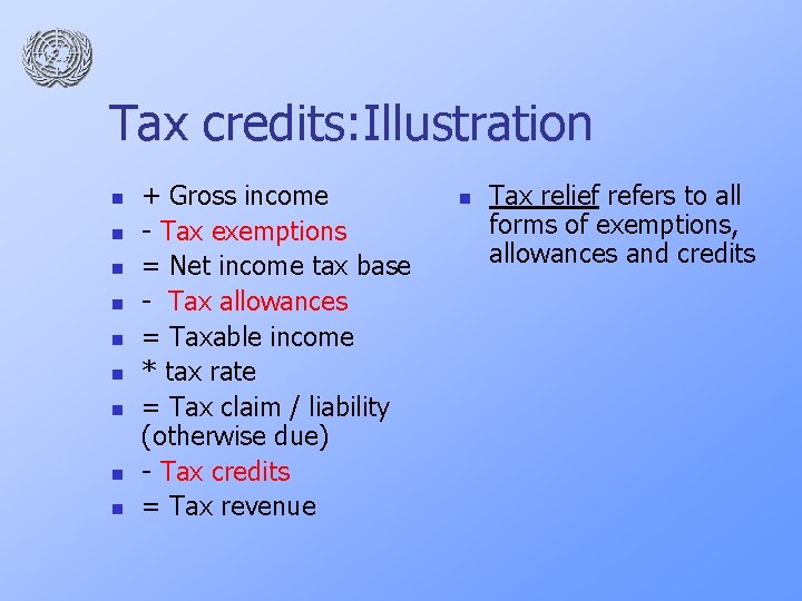 Tax credits: Illustration n n n n + Gross income - Tax exemptions =