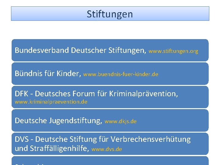 Stiftungen Bundesverband Deutscher Stiftungen, www. stiftungen. org Bündnis für Kinder, www. buendnis-fuer-kinder. de DFK