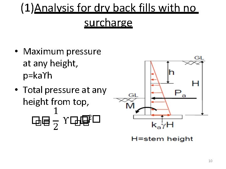 (1)Analysis for dry back fills with no surcharge • Maximum pressure at any height,