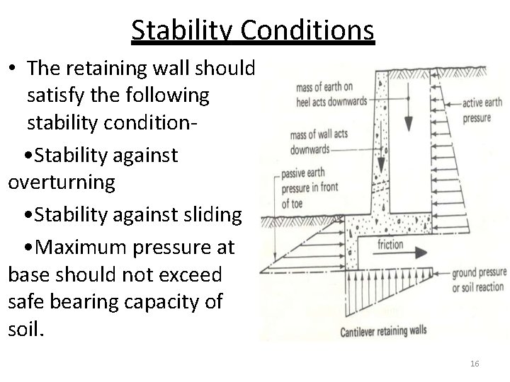 Stability Conditions • The retaining wall should satisfy the following stability condition • Stability