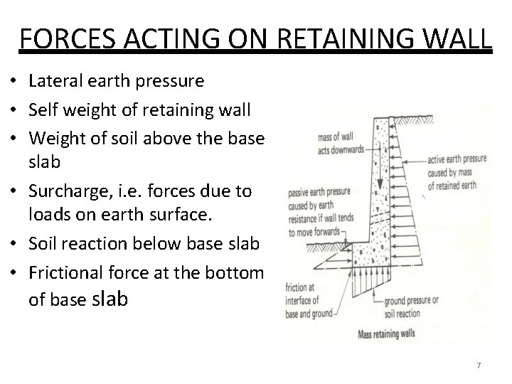 FORCES ACTING ON RETAINING WALL • Lateral earth pressure • Self weight of retaining