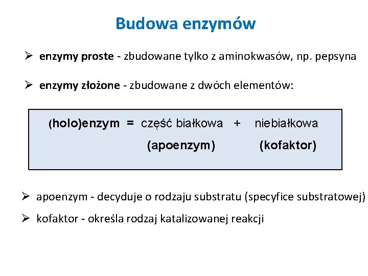 Budowa enzymów Ø enzymy proste - zbudowane tylko z aminokwasów, np. pepsyna Ø enzymy