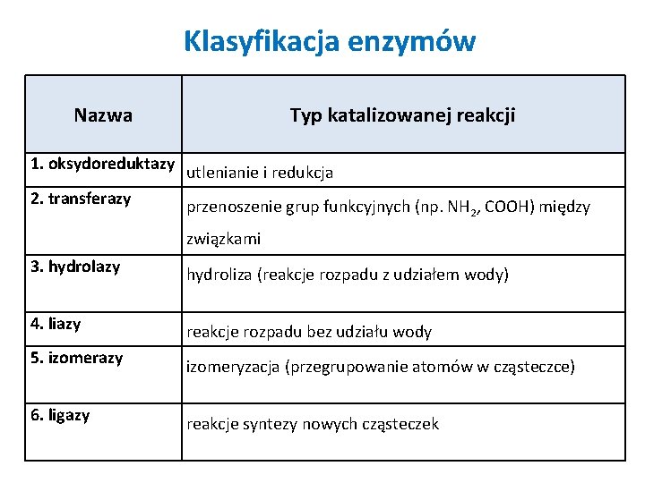 Klasyfikacja enzymów Nazwa Typ katalizowanej reakcji 1. oksydoreduktazy utlenianie i redukcja 2. transferazy przenoszenie