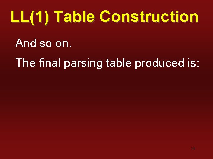 LL(1) Table Construction And so on. The final parsing table produced is: 14 