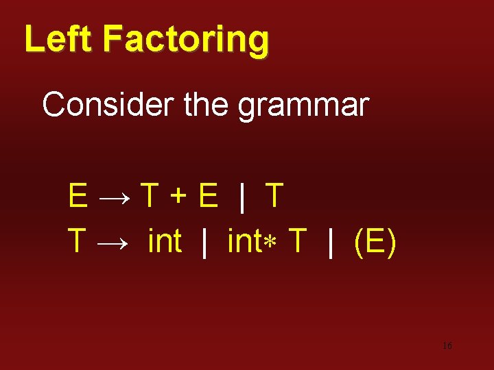 Left Factoring Consider the grammar E→T+E | T T → int | int T