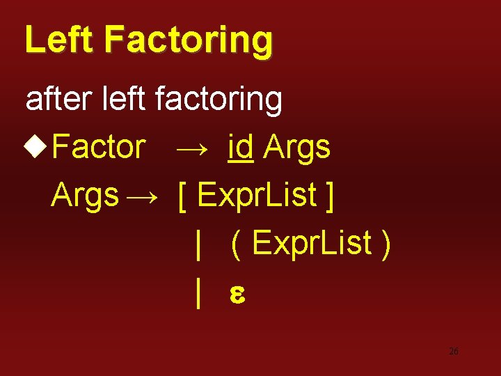 Left Factoring after left factoring Factor → id Args → [ Expr. List ]