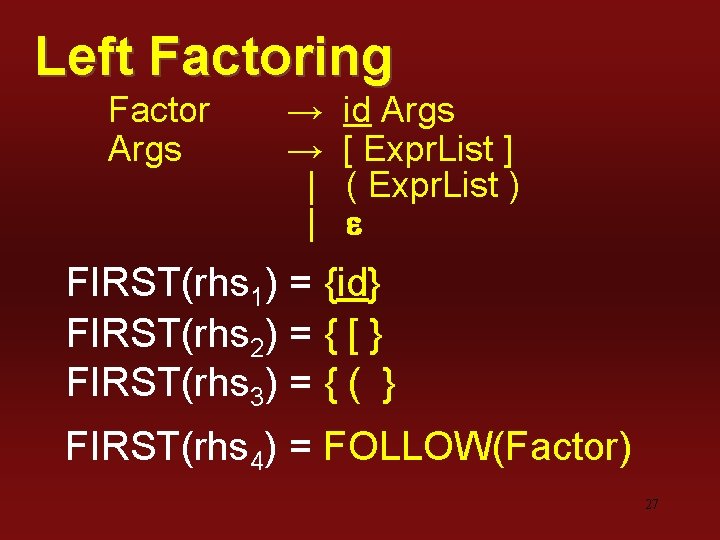 Left Factoring Factor Args → → | | id Args [ Expr. List ]