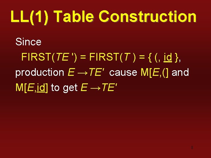 LL(1) Table Construction Since FIRST(TE ') = FIRST(T ) = { (, id },