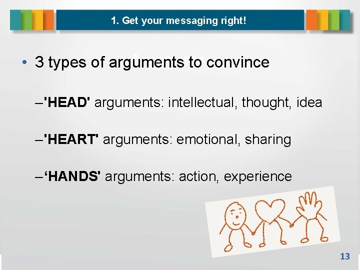1. Get your messaging right! Arguments • 3 types of arguments to convince –