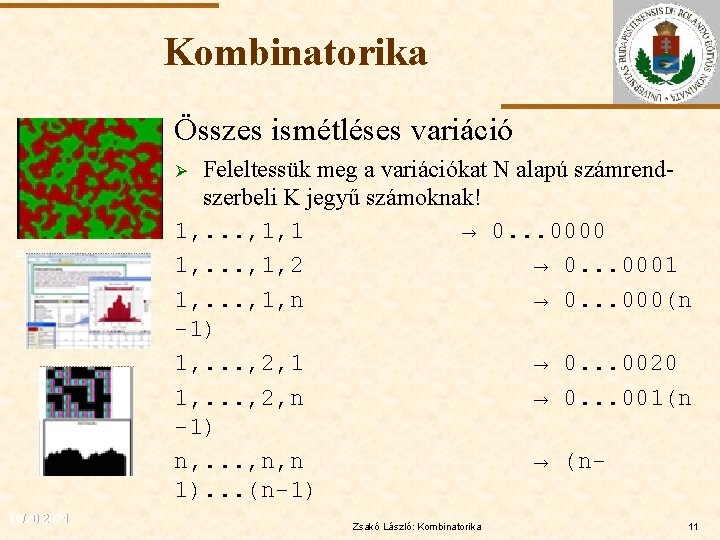 Kombinatorika Összes ismétléses variáció Feleltessük meg a variációkat N alapú számrendszerbeli K jegyű számoknak!