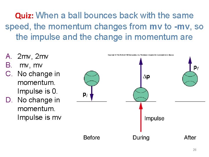 Quiz: When a ball bounces back with the same speed, the momentum changes from