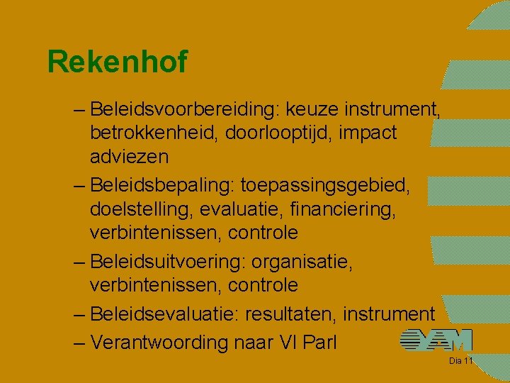 Rekenhof – Beleidsvoorbereiding: keuze instrument, betrokkenheid, doorlooptijd, impact adviezen – Beleidsbepaling: toepassingsgebied, doelstelling, evaluatie,