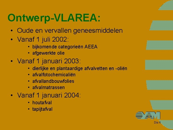 Ontwerp-VLAREA: • Oude en vervallen geneesmiddelen • Vanaf 1 juli 2002: • bijkomende categorieën