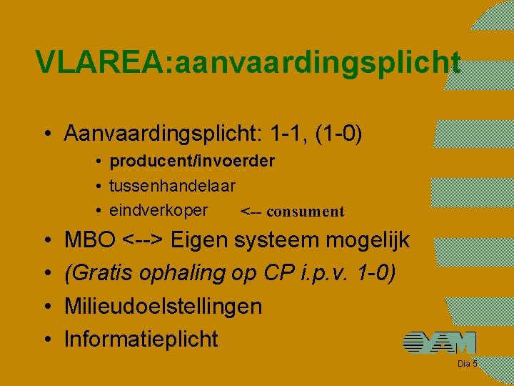 VLAREA: aanvaardingsplicht • Aanvaardingsplicht: 1 -1, (1 -0) • producent/invoerder • tussenhandelaar • eindverkoper