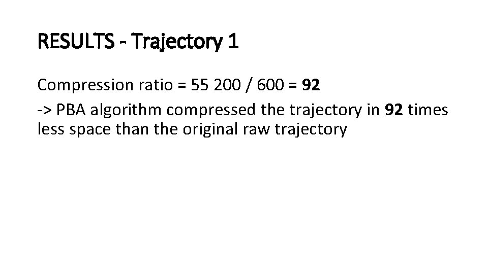 RESULTS - Trajectory 1 Compression ratio = 55 200 / 600 = 92 ->