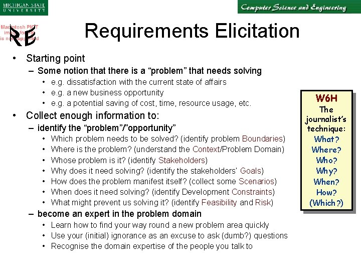 Requirements Elicitation • Starting point – Some notion that there is a “problem” that