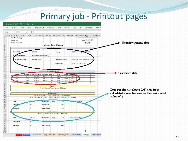 Primary job - Printout pages Overview general data Calculated data Data per slurry, volume