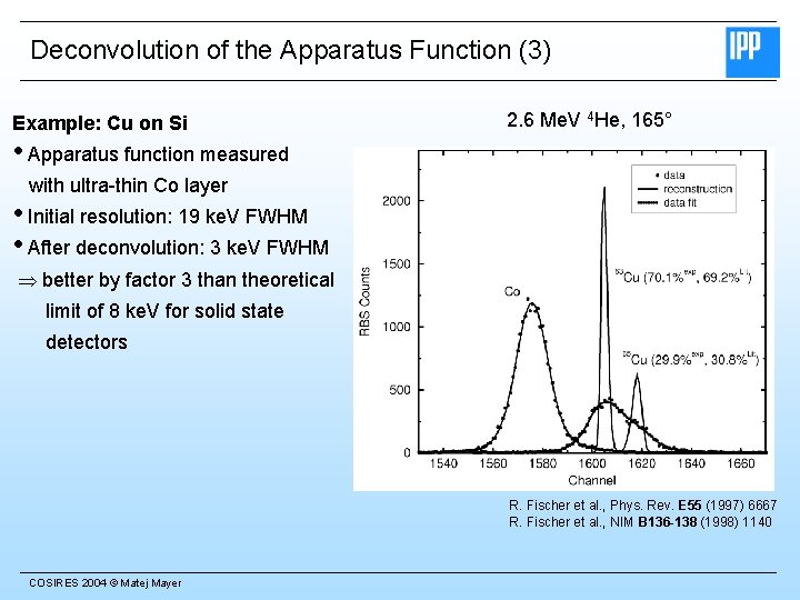 Deconvolution of the Apparatus Function (3) Example: Cu on Si 2. 6 Me. V