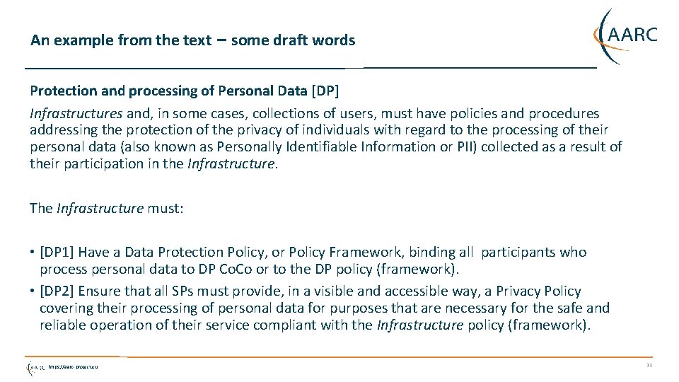 An example from the text – some draft words Protection and processing of Personal