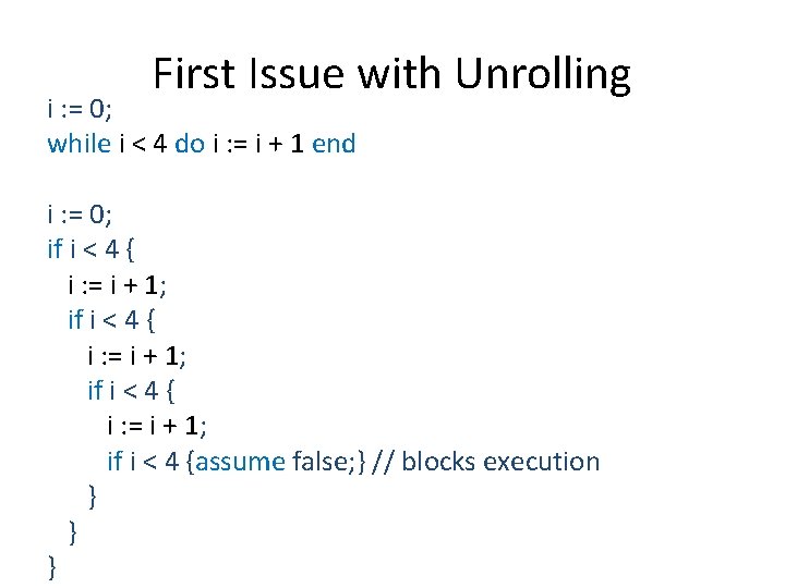 First Issue with Unrolling i : = 0; while i < 4 do i