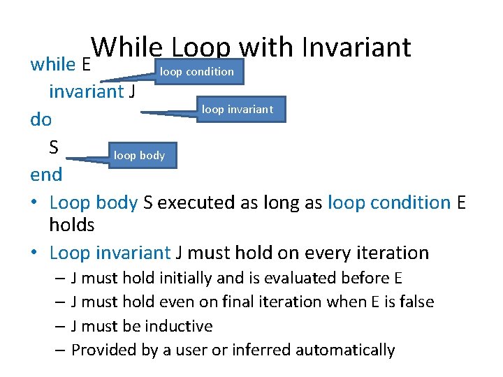 While Loop with Invariant while E loop condition invariant J loop invariant do S