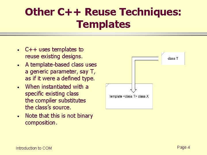 Other C++ Reuse Techniques: Templates · · C++ uses templates to reuse existing designs. Other C++ Reuse Techniques: Templates · · C++ uses templates to reuse existing designs.