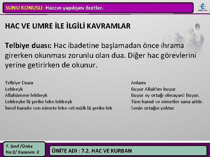 SUNU KONUSU: Haccın yapılışını özetler. HAC VE UMRE İLGİLİ KAVRAMLAR Telbiye duası: Hac ibadetine