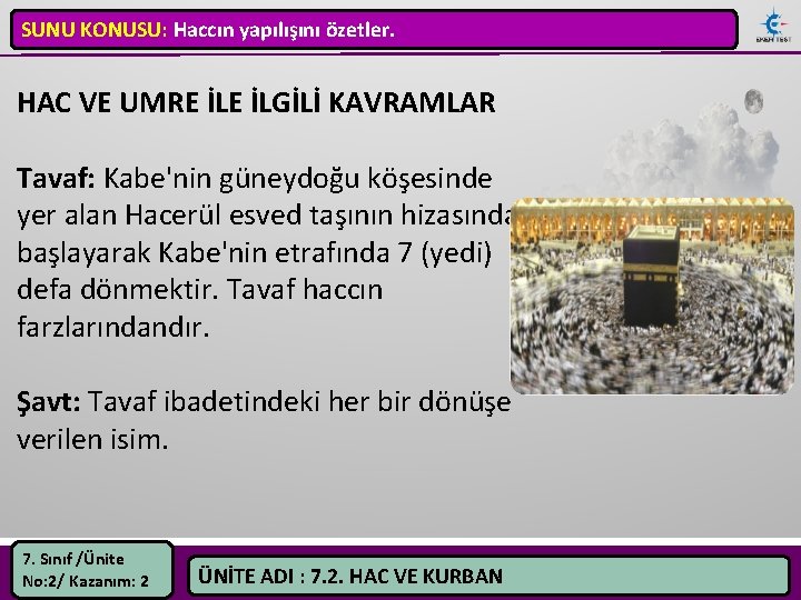 SUNU KONUSU: Haccın yapılışını özetler. HAC VE UMRE İLGİLİ KAVRAMLAR Tavaf: Kabe'nin güneydoğu köşesinde