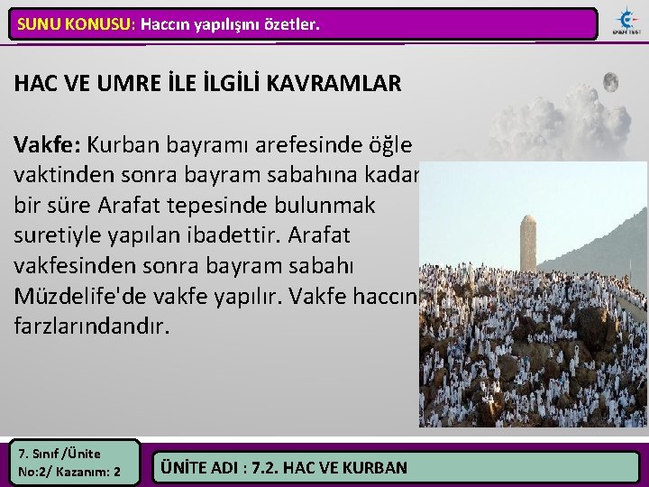 SUNU KONUSU: Haccın yapılışını özetler. HAC VE UMRE İLGİLİ KAVRAMLAR Vakfe: Kurban bayramı arefesinde