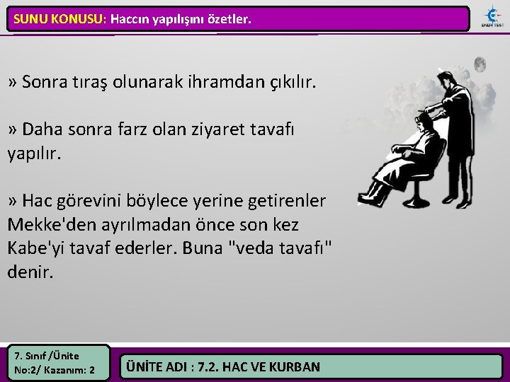 SUNU KONUSU: Haccın yapılışını özetler. » Sonra tıraş olunarak ihramdan çıkılır. » Daha sonra