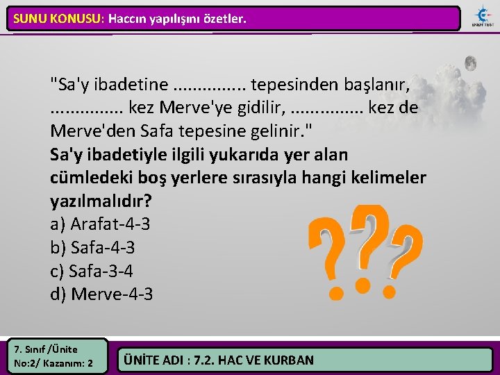 SUNU KONUSU: Haccın yapılışını özetler. "Sa'y ibadetine. . . . tepesinden başlanır, . .
