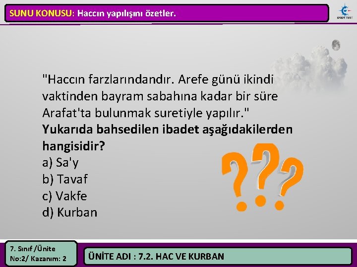 SUNU KONUSU: Haccın yapılışını özetler. "Haccın farzlarındandır. Arefe günü ikindi vaktinden bayram sabahına kadar