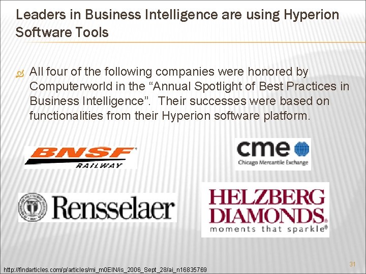 Leaders in Business Intelligence are using Hyperion Software Tools All four of the following