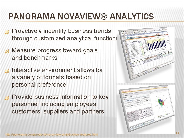 PANORAMA NOVAVIEW® ANALYTICS Proactively indentify business trends through customized analytical functions Measure progress toward