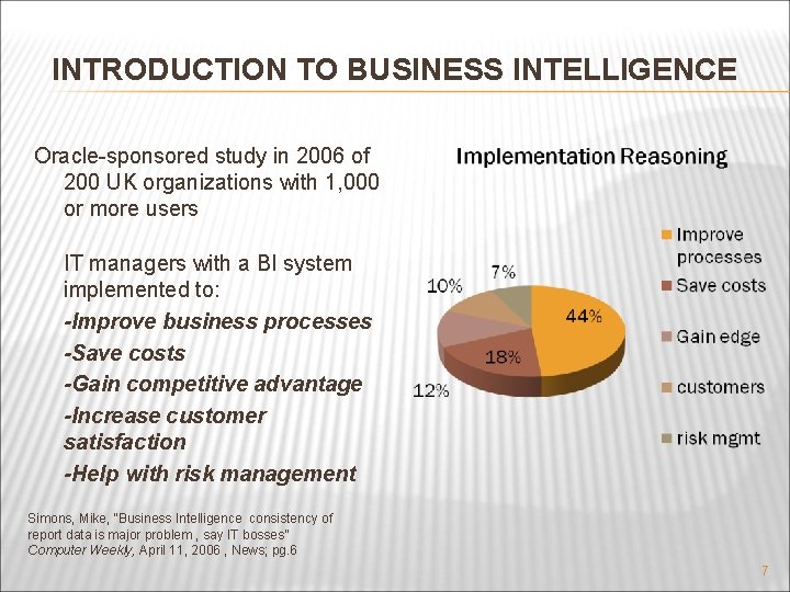 INTRODUCTION TO BUSINESS INTELLIGENCE Oracle-sponsored study in 2006 of 200 UK organizations with 1,