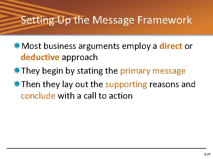 Setting Up the Message Framework Most business arguments employ a direct or deductive approach