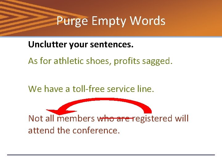 Purge Empty Words Unclutter your sentences. As for athletic shoes, profits sagged. We have
