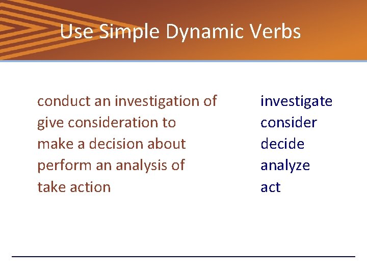 Use Simple Dynamic Verbs conduct an investigation of give consideration to make a decision