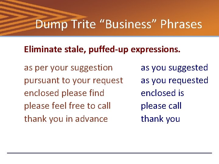 Dump Trite “Business” Phrases Eliminate stale, puffed-up expressions. as per your suggestion pursuant to