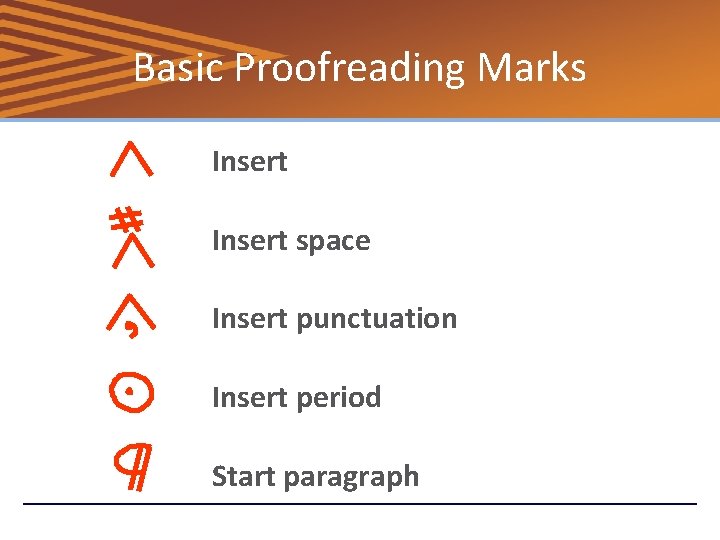 Basic Proofreading Marks Insert space Insert punctuation Insert period Start paragraph 