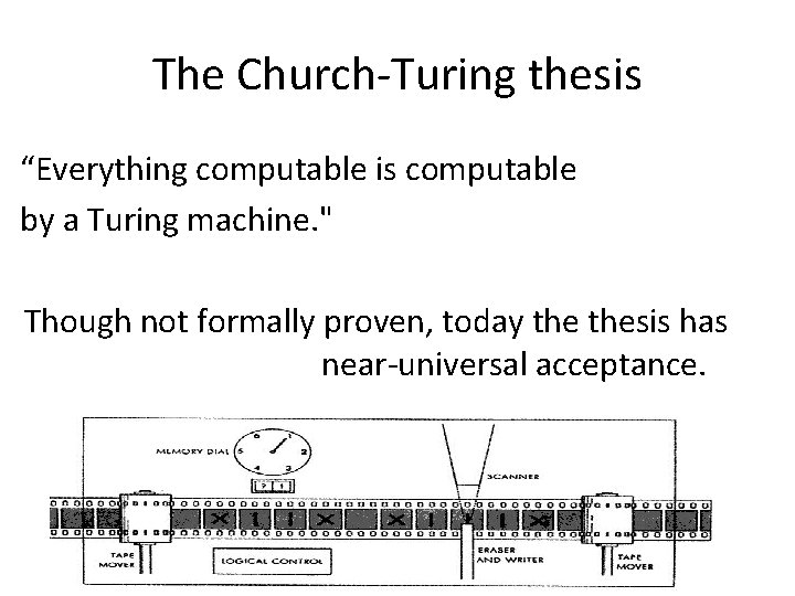 The Church-Turing thesis “Everything computable is computable by a Turing machine. " Though not