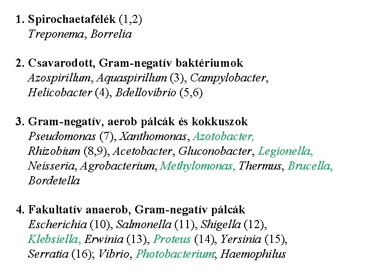 1. Spirochaetafélék (1, 2) Treponema, Borrelia 2. Csavarodott, Gram-negatív baktériumok Azospirillum, Aquaspirillum (3), Campylobacter,