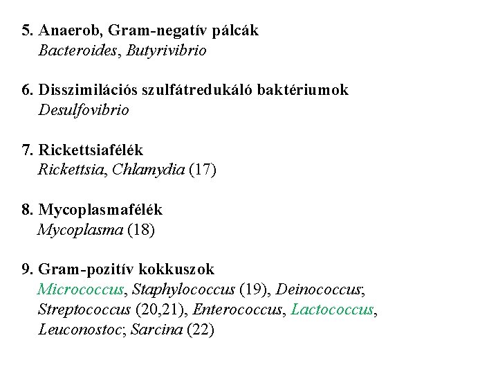 5. Anaerob, Gram-negatív pálcák Bacteroides, Butyrivibrio 6. Disszimilációs szulfátredukáló baktériumok Desulfovibrio 7. Rickettsiafélék Rickettsia,