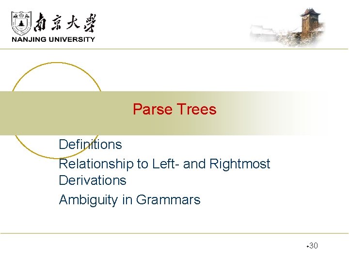 Parse Trees Definitions Relationship to Left- and Rightmost Derivations Ambiguity in Grammars w 30